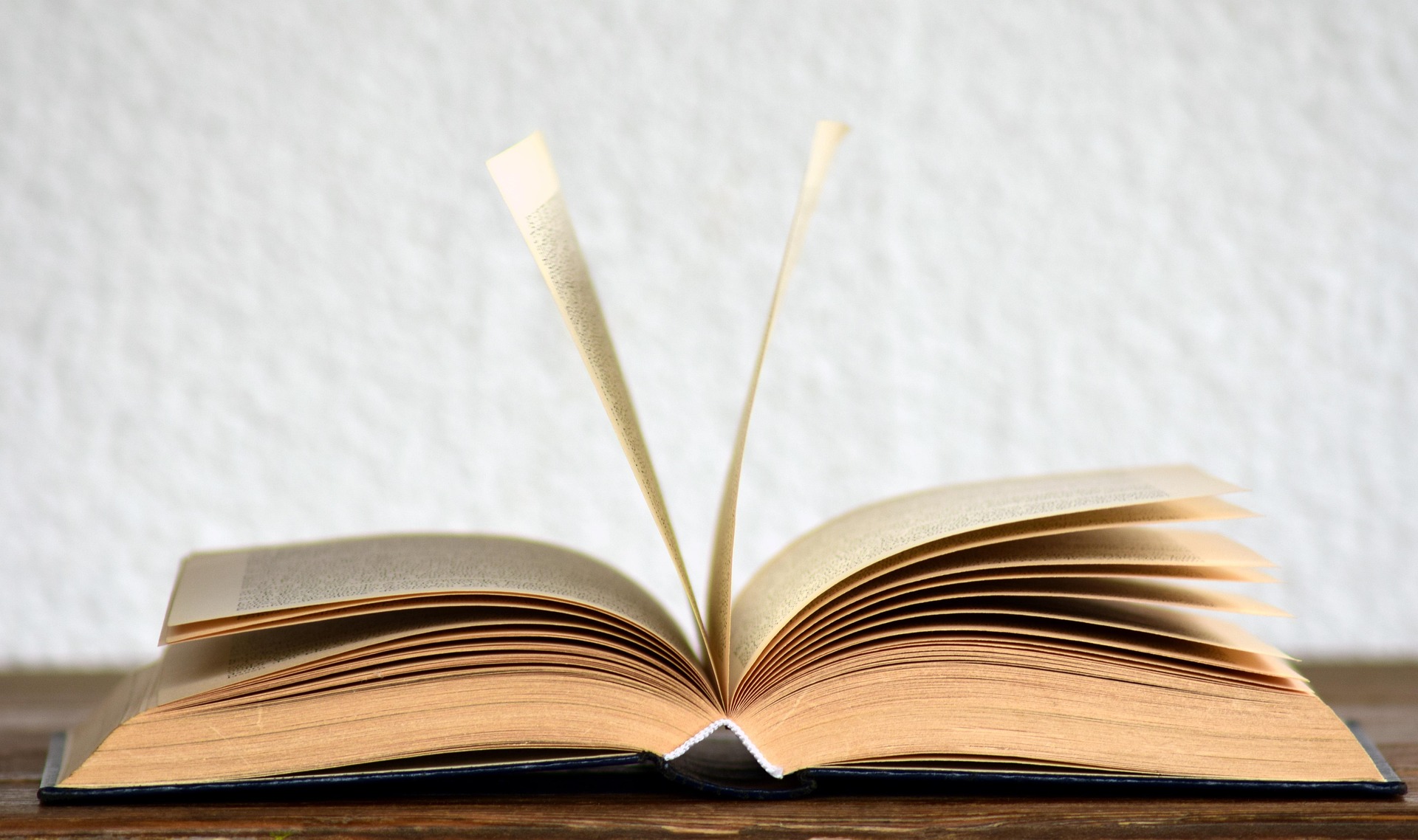 A book lies open to the center, on a table, with pages being turned