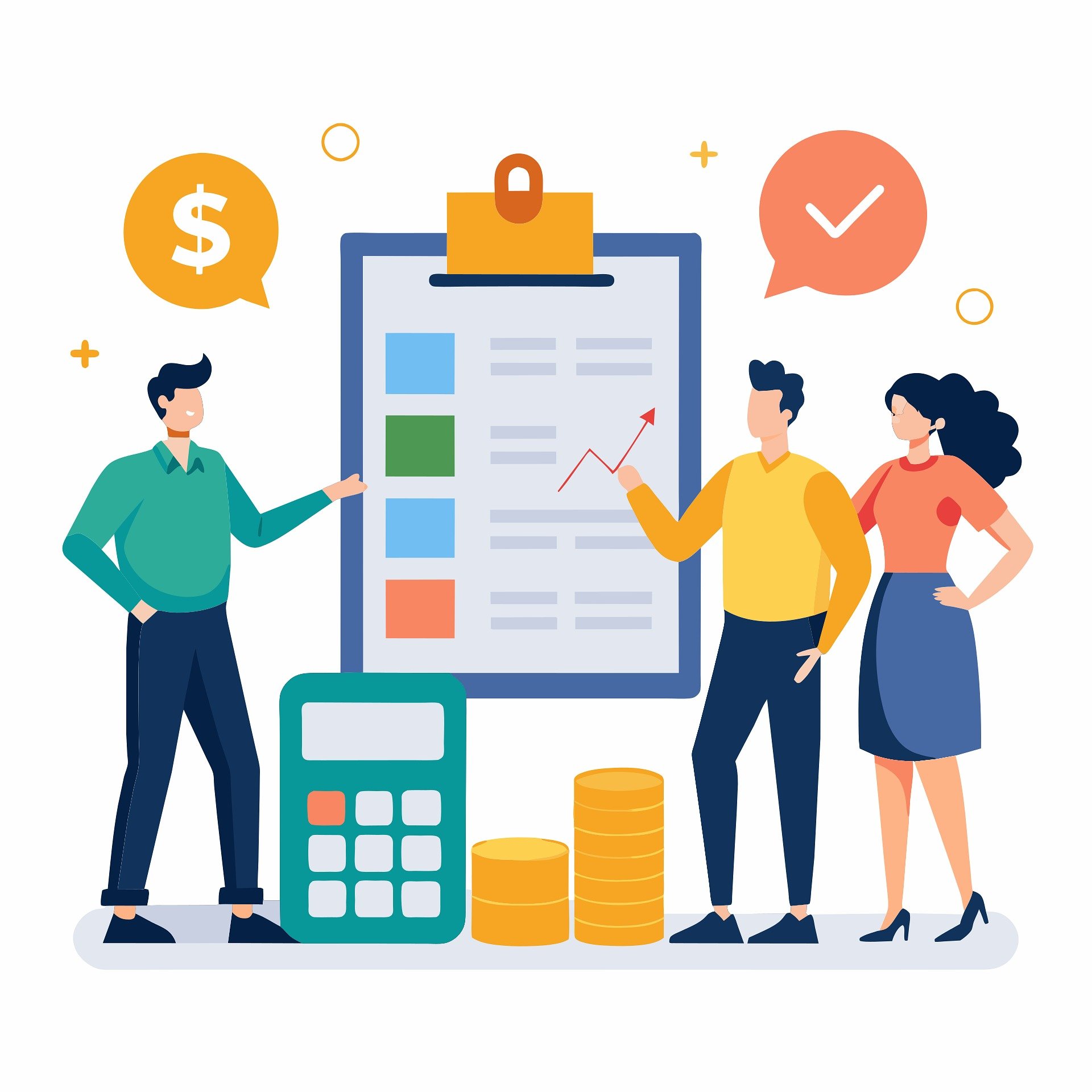 Illustration of three figures around a project management board with a calculator and stacked money below